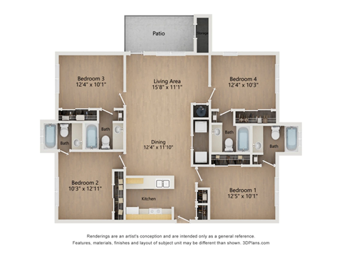 Floor plan for 4 beds, 4 baths, 1320 sqft